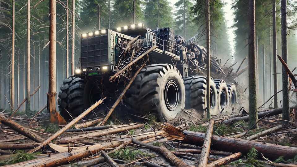 Veicolo per il disboscamento in azione in una foresta