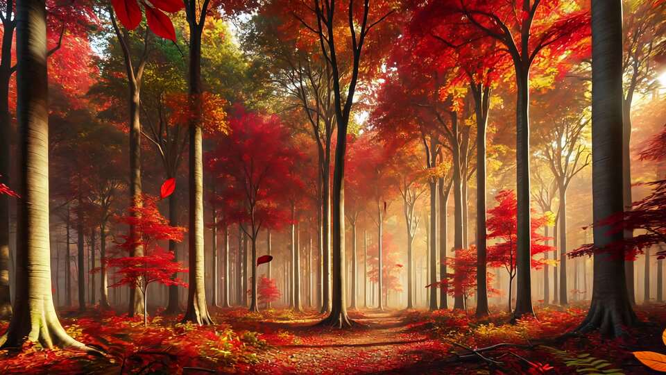 Sentiero della foresta autunnale con foglie rosse vivaci
