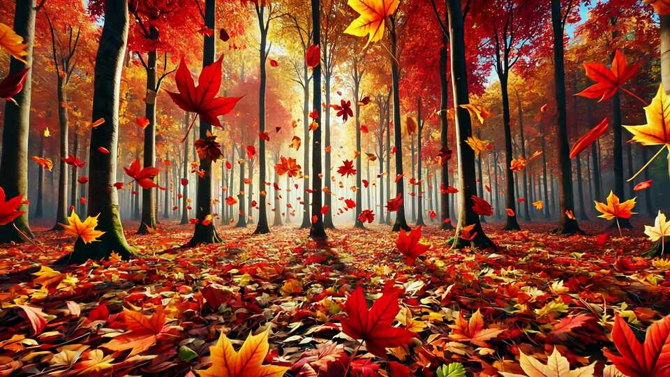Fall Leaves in a Forest with Golden Light