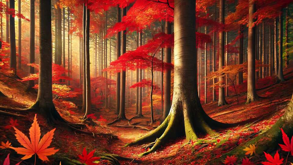 Foresta autunnale con foglie rosse e radici di alberi