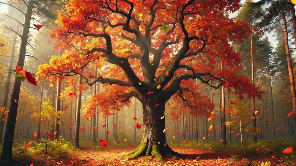 Majestic Autumn Tree with Falling Leaves