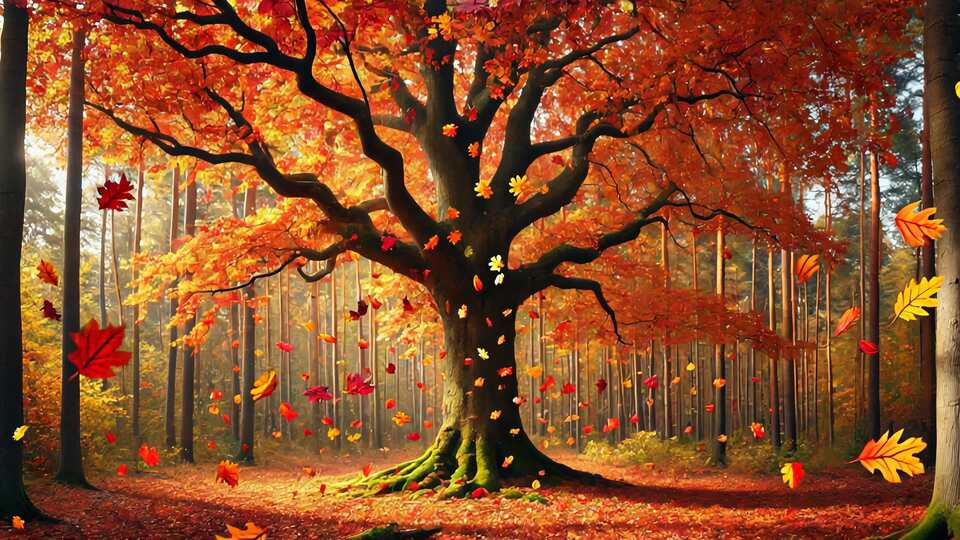 Enchanting Autumn Tree with Falling Leaves