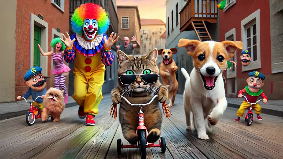 Parata divertente di animali e clown per strada