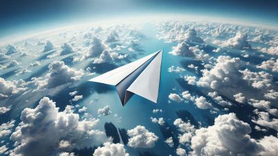 Aereo di carta che vola sopra le nuvole