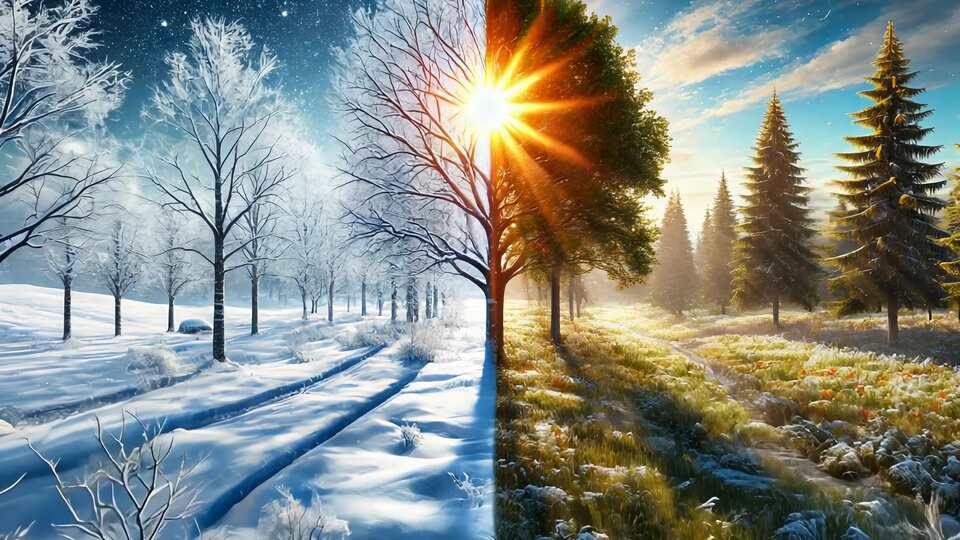 Paesaggio diviso tra inverno ed estate