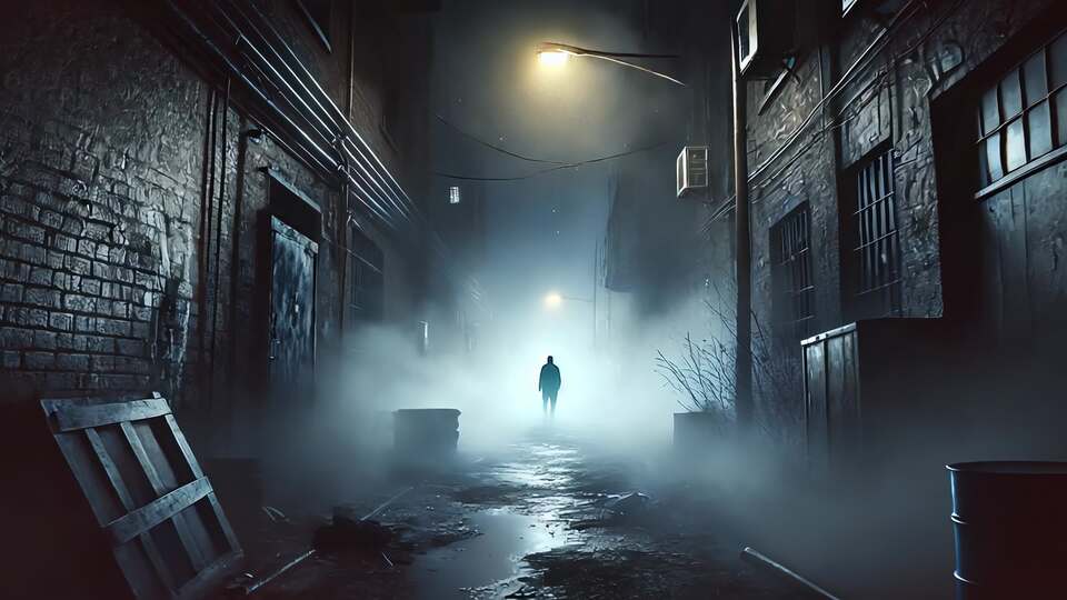 Mysterious Figure in Foggy Alley