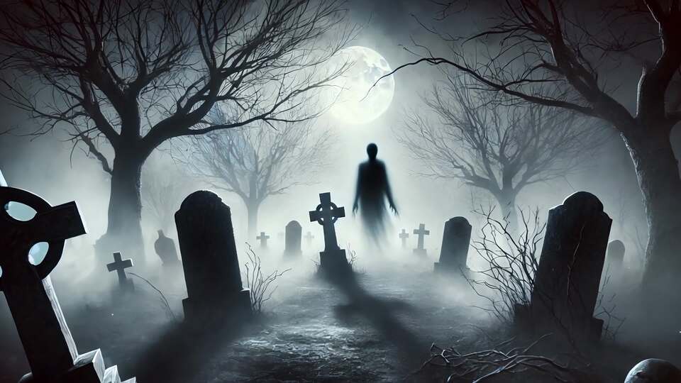 Figura spettrale in un cimitero nebbioso