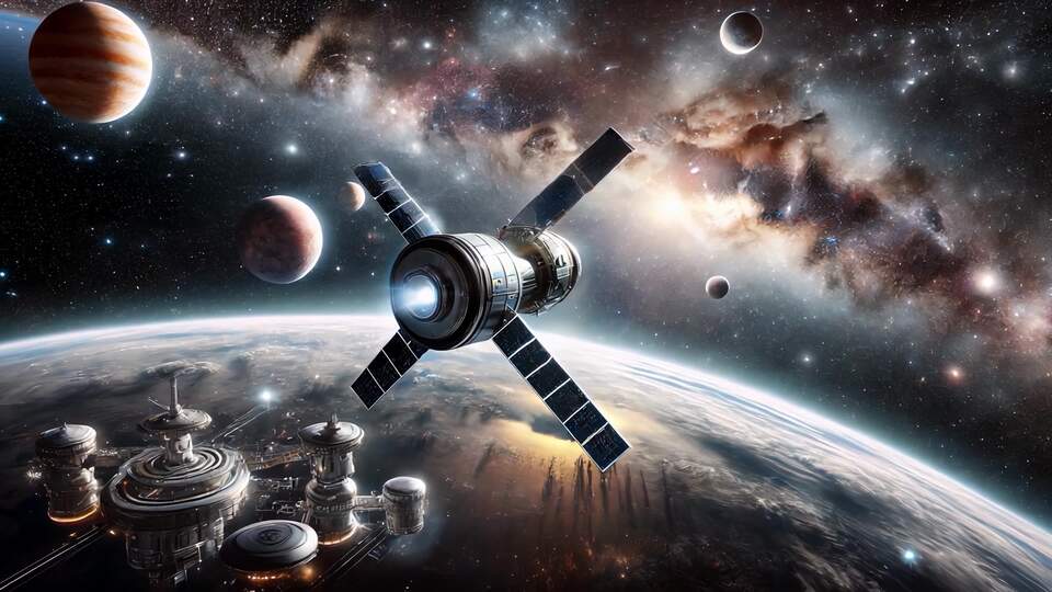 Stazione Spaziale e Satellite in Orbita Attorno al Pianeta