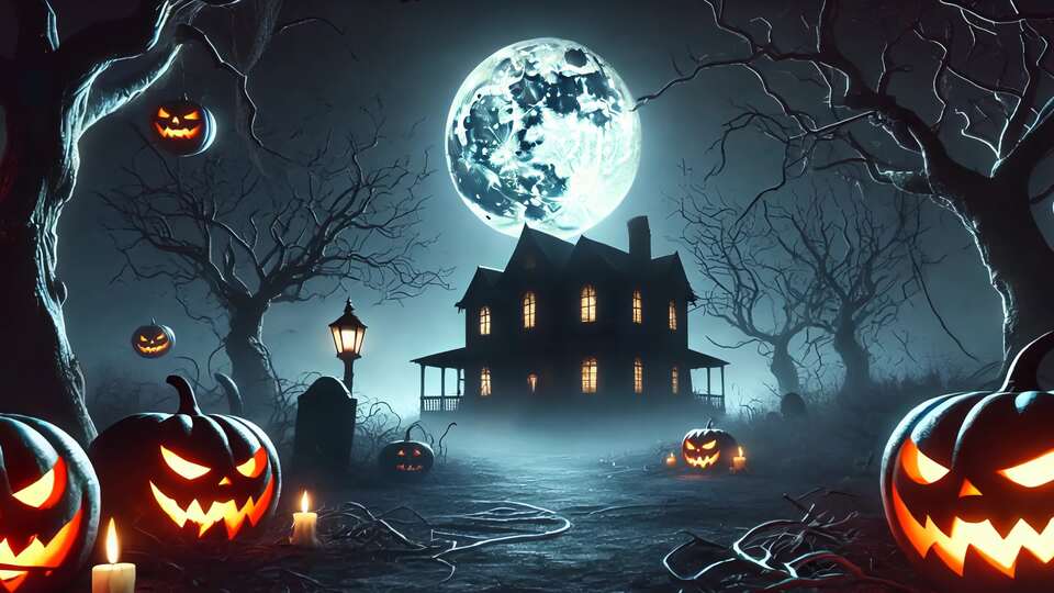Haunted House with Glowing Jack-o’-Lanterns