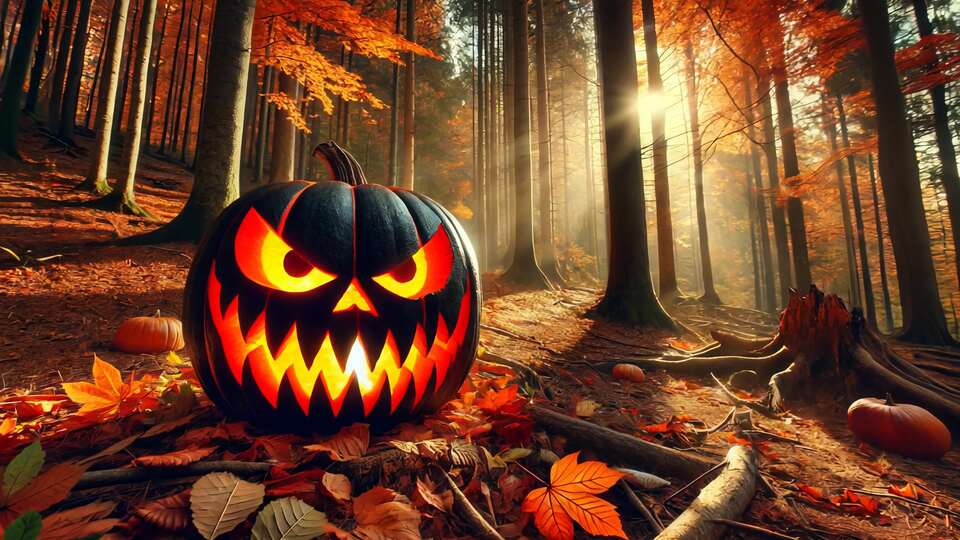 Zucca-lanterna luminosa in una foresta autunnale