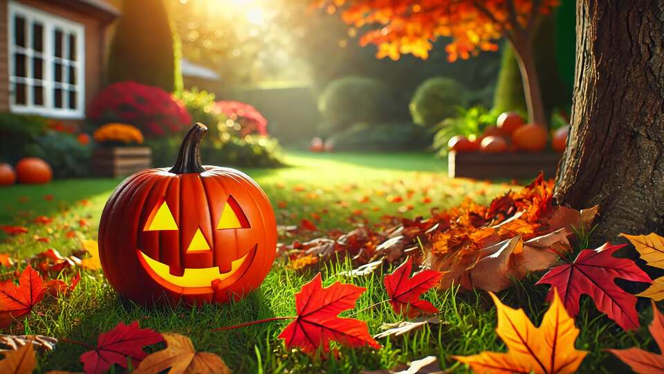 Zucca-lanterna sorridente in un luminoso giardino autunnale