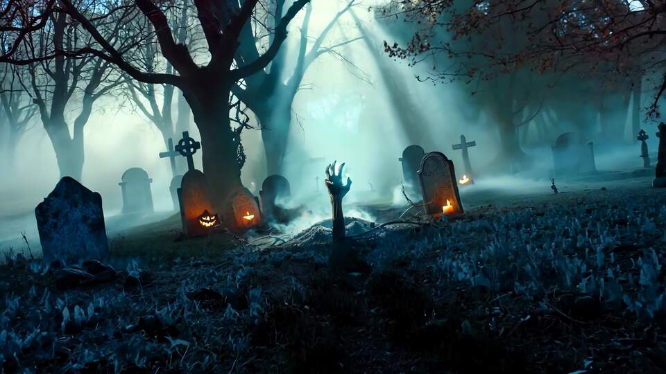 Eerie Graveyard with a Hand Emerging from the Ground
