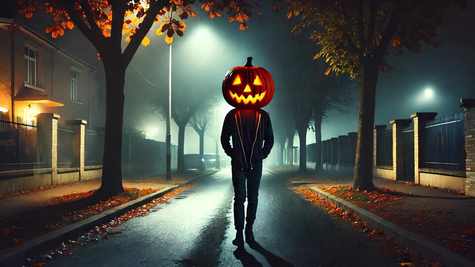 Figura misteriosa con la testa di zucca che cammina su una strada nebbiosa