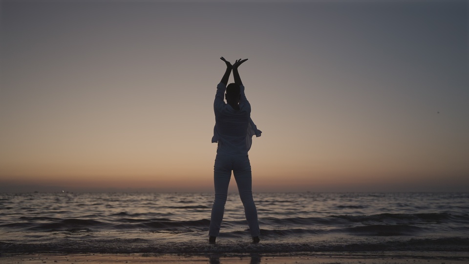 Silhouette of a person embracing the sunset by the sea
