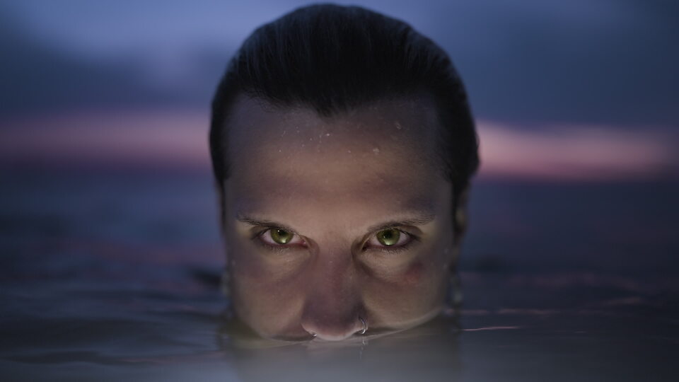 Sguardo intenso sopra l’acqua al crepuscolo