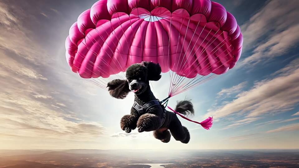Cane con Paracadute Rosa in Caduta Libera