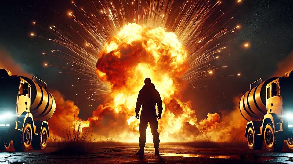 Figura Solitaria Davanti a un’Esplosione Massiccia di Notte