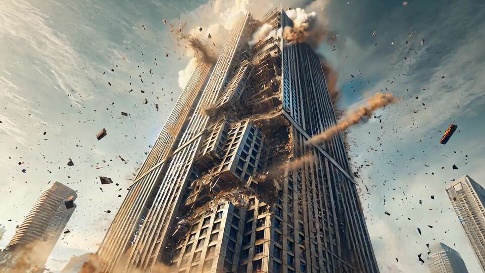 Skyscraper Collapsing in a Cityscape Explosion