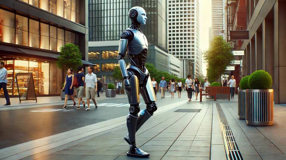 Humanoid Robot Walking Through a Modern City Street