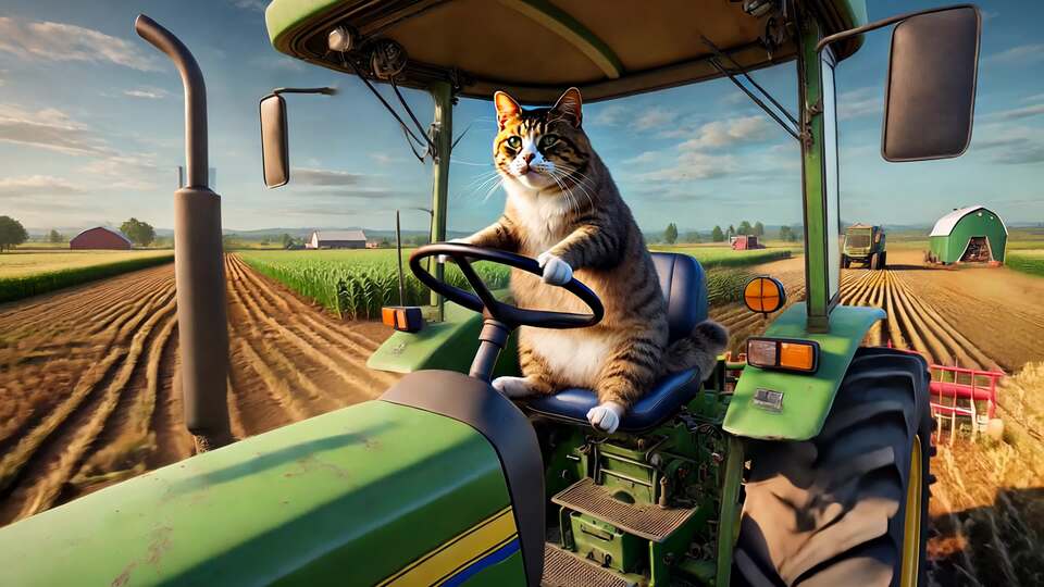 Cat Driving a Tractor in a Rural Farmland