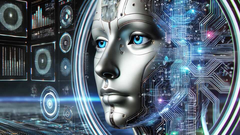 AI Futuristica con Viso Digitale e Circuiti