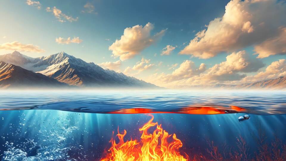 Fire Burning Underwater in a Serene Landscape