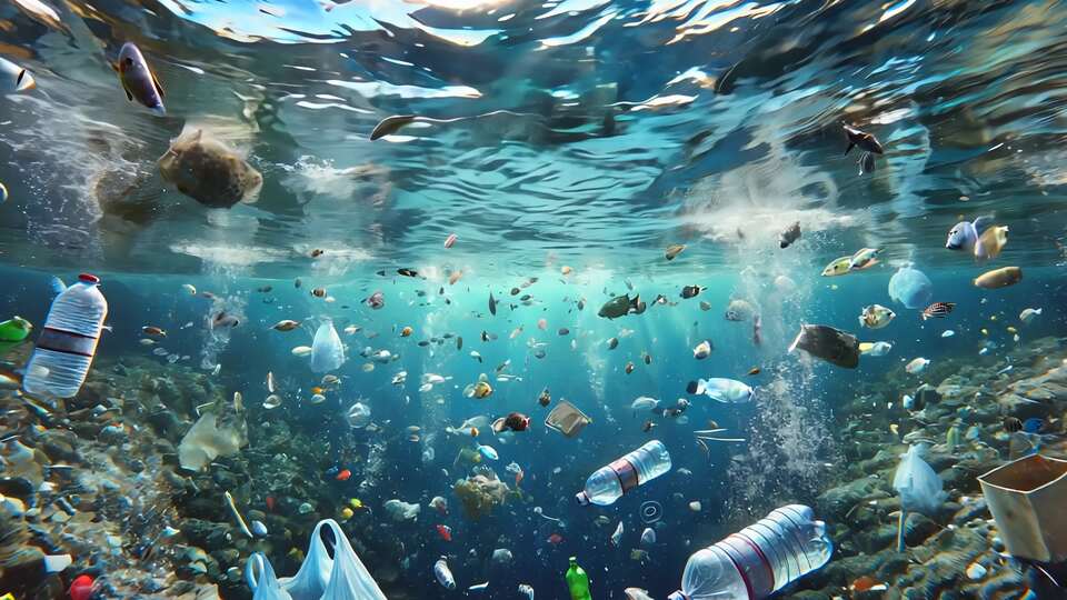 Scena Sottomarina Piena di Inquinamento da Plastica