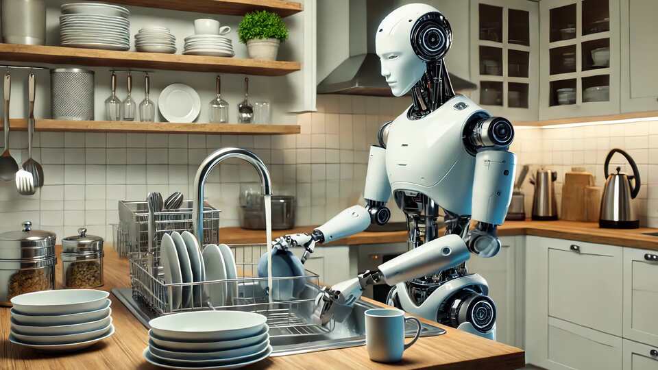 Futuristic Robot Washing Dishes in Modern Kitchen