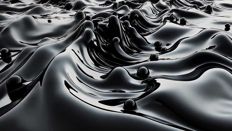 Onde di Liquido Nero Lucido con Sfere