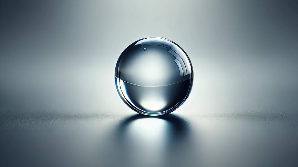 Sfera di vetro trasparente su superficie riflettente