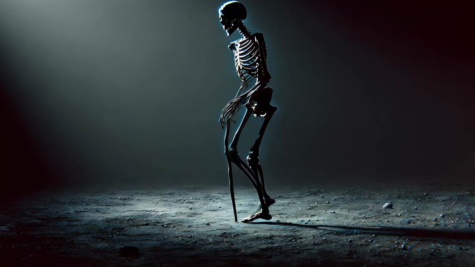 Standing Skeleton in Dark, Dramatic Lighting