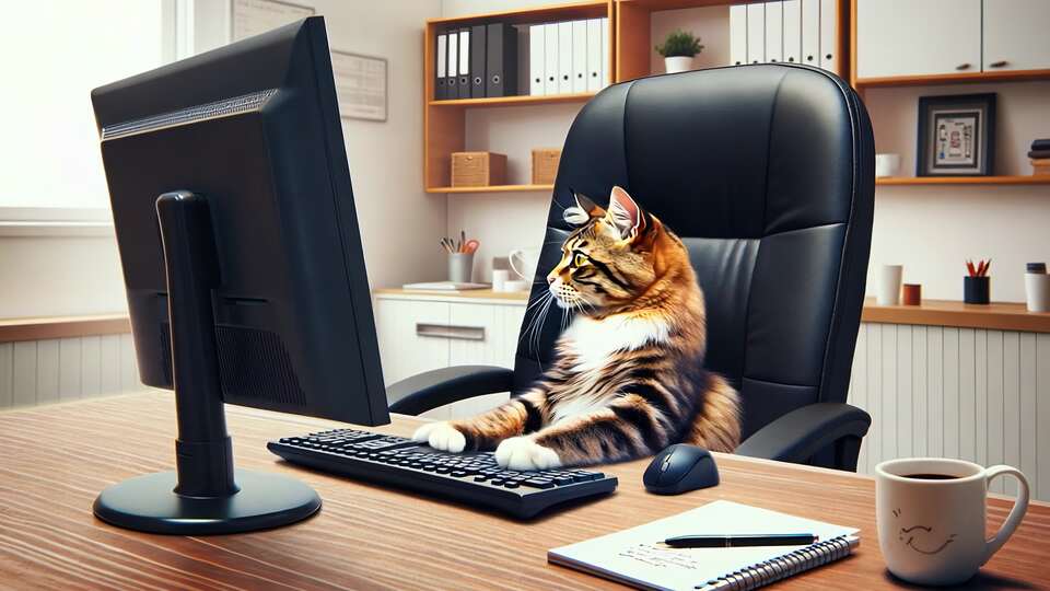 Gatto che lavora alla scrivania in un ufficio