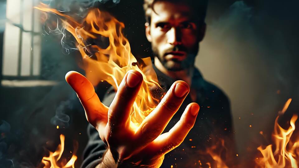 Uomo che tiene le fiamme in mano con sguardo intenso
