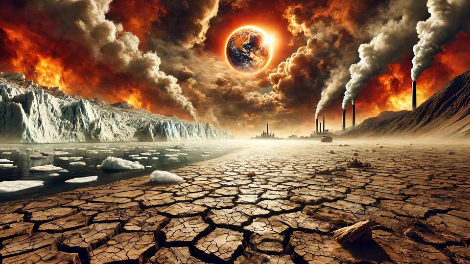 Scena apocalittica con ghiaccio che si scioglie, terra crepata e cielo infuocato