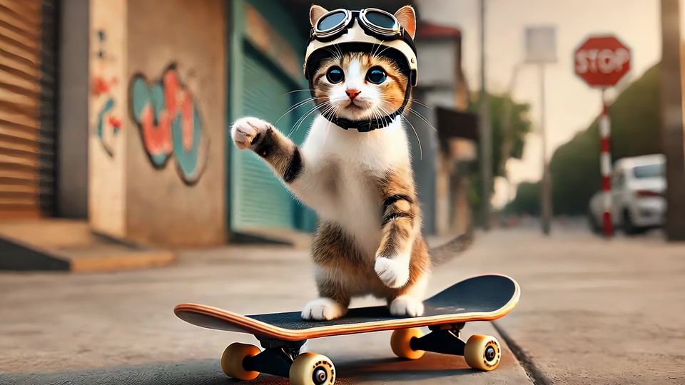 Adorabile gatto su uno skateboard con occhiali e casco