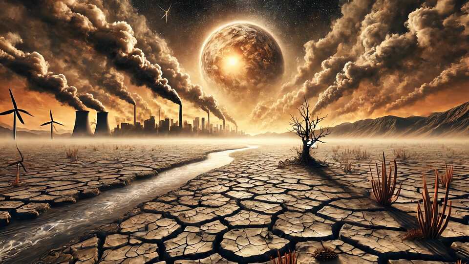 Paesaggio distopico con terra crepata, inquinamento e un pianeta oscuro