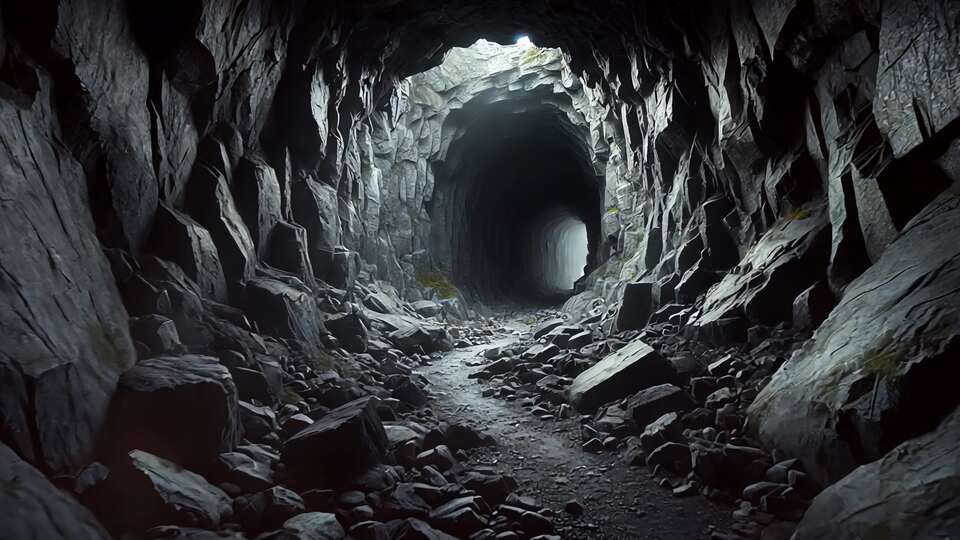 Tunnel roccioso oscuro con luce naturale alla fine