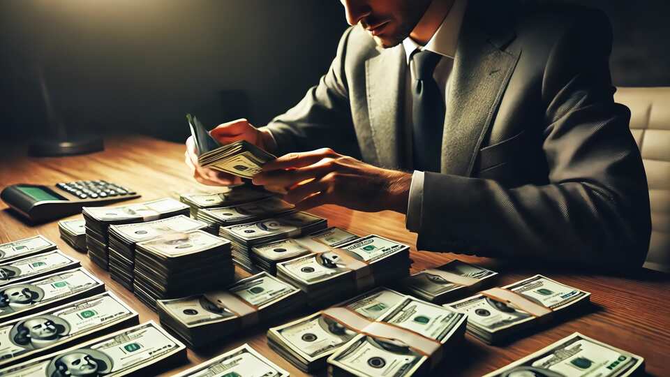Businessman Counting Large Stacks of Cash