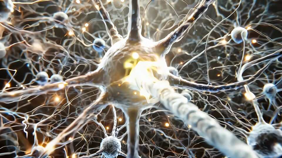 Primo Piano di Neurone Attivo e Connessioni Sinaptiche