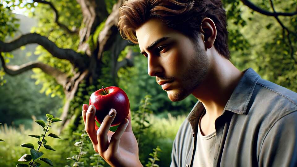 Man Contemplating a Red Apple in a Forest