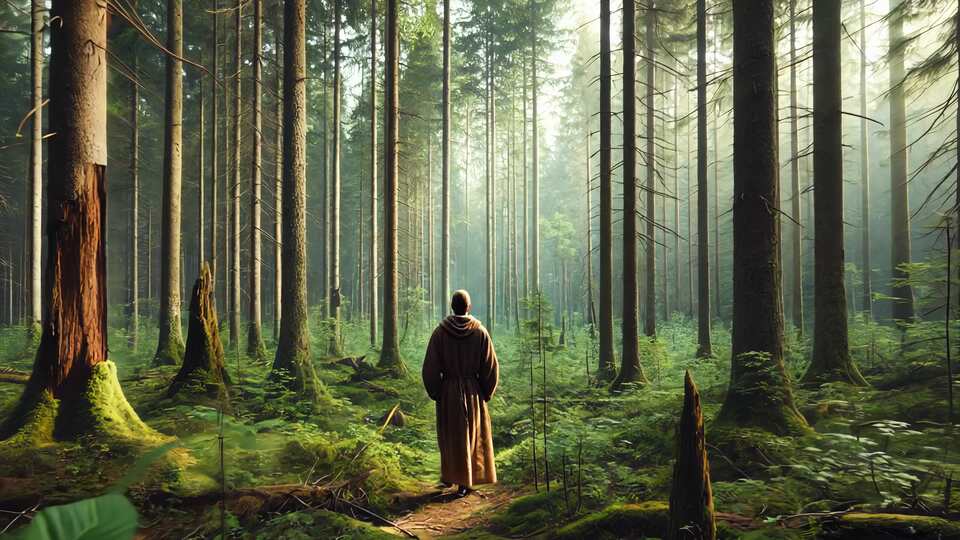 Solitary Figure in a Sunlit Forest