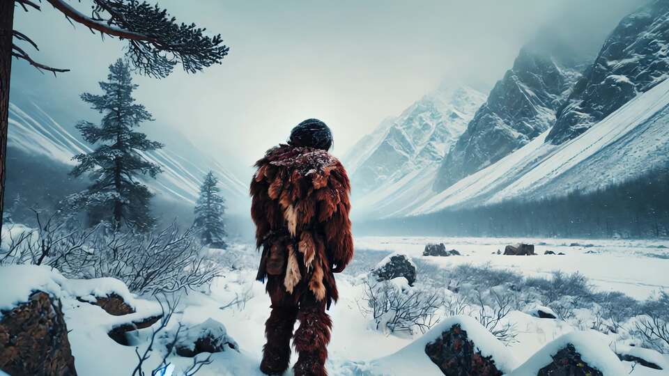 Primitive Hunter in a Snowy Mountain Landscape