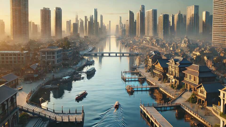 Modern Cityscape with River and Traditional Architecture