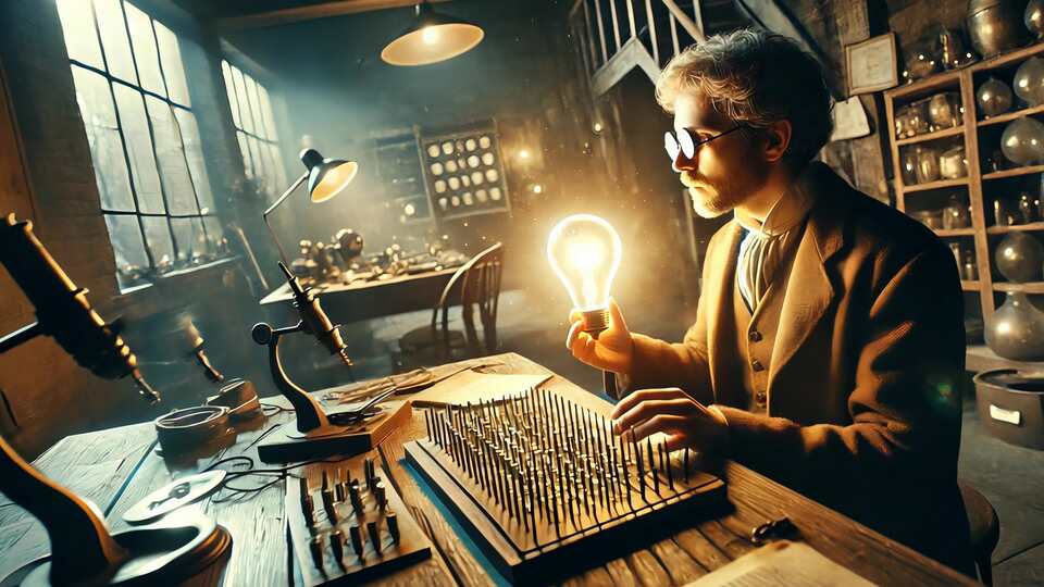 Inventor Holding Glowing Light Bulb in Workshop