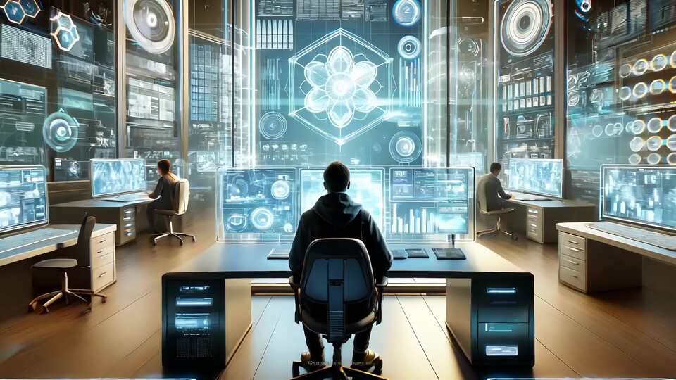 Sala di controllo high-tech con interfaccia olografica avanzata