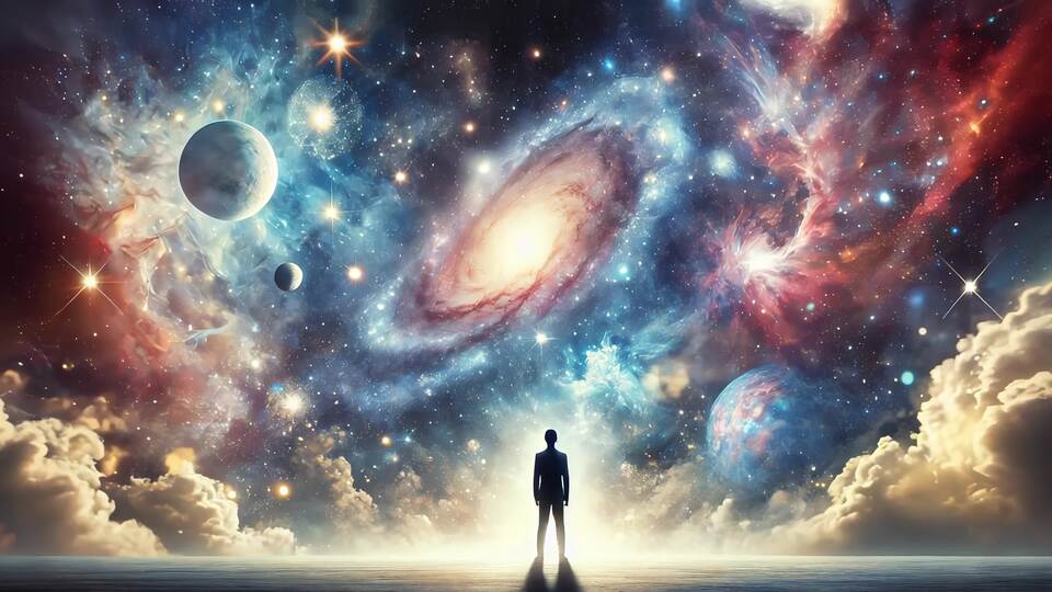 Man Gazing into a Vast Cosmic Galaxy