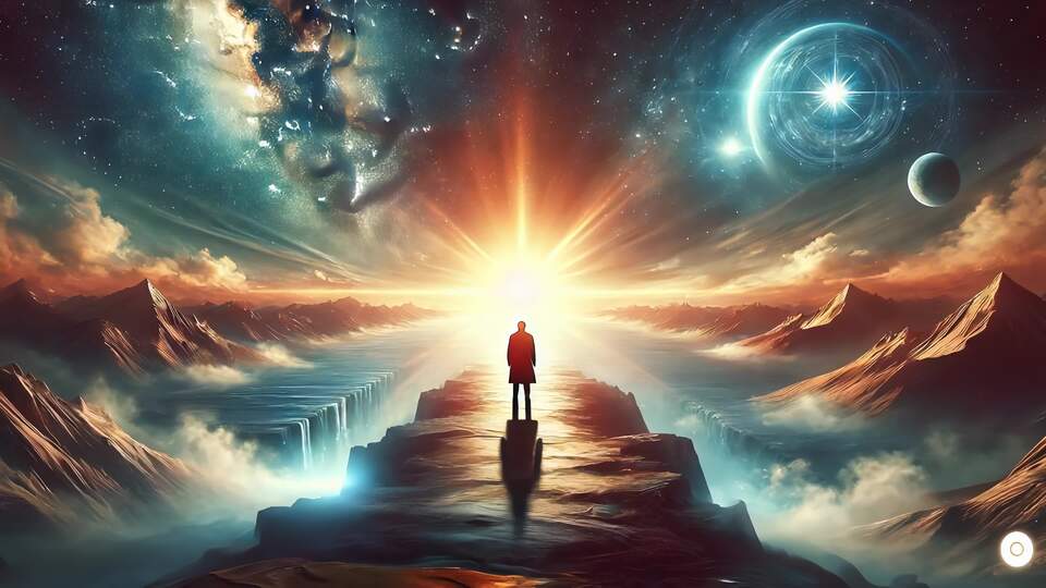 Uomo su un sentiero cosmico all’alba