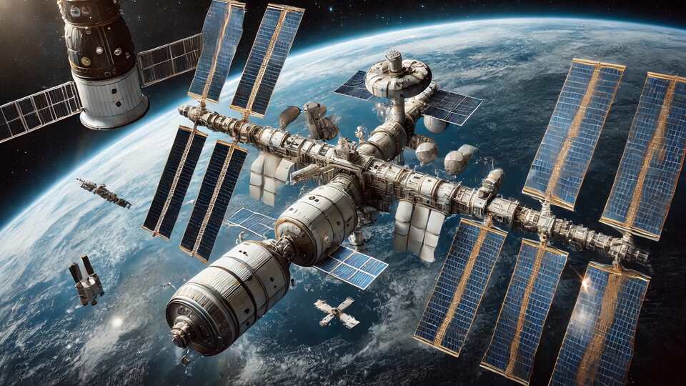 Space Station Orbiting Earth with Solar Panels