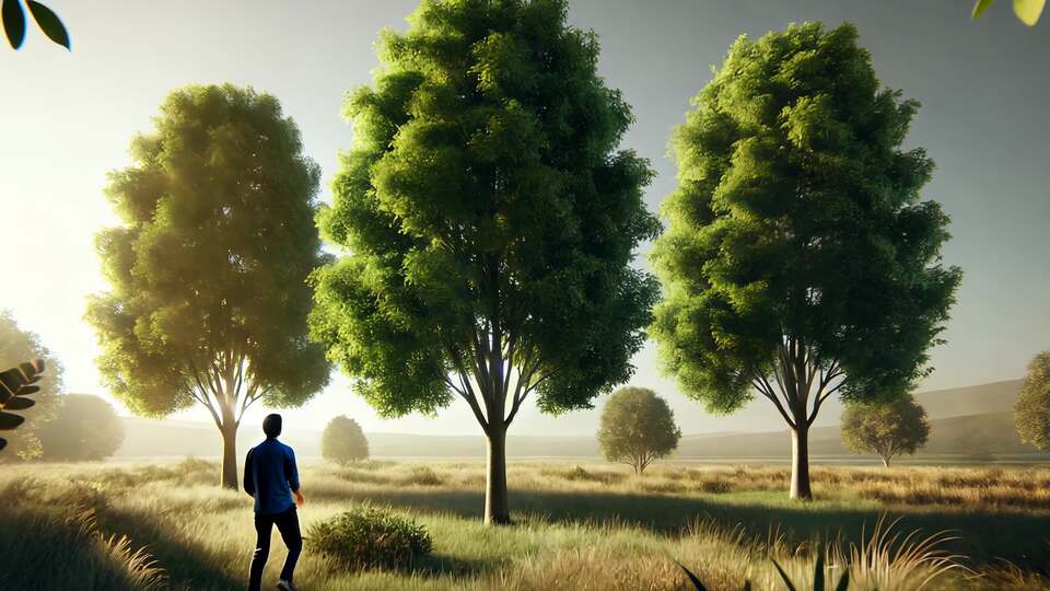 Uomo che cammina tra alberi alti in un campo sereno