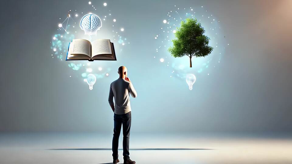 Figura contemplativa che sceglie tra conoscenza e natura